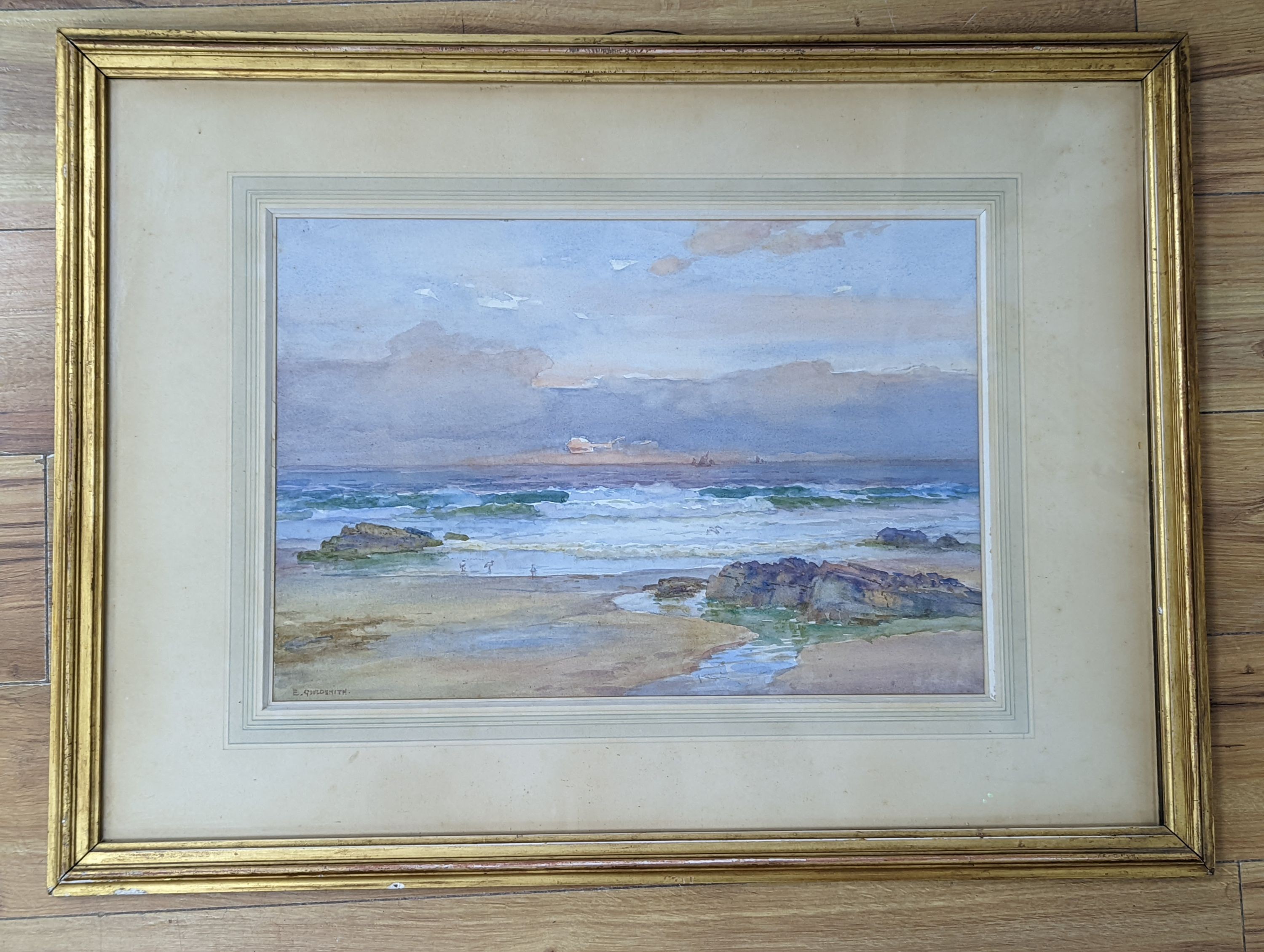 Edmund Gouldsmith (1852-1932), watercolour, Beach scene at sunset, signed, 34 x 49cm